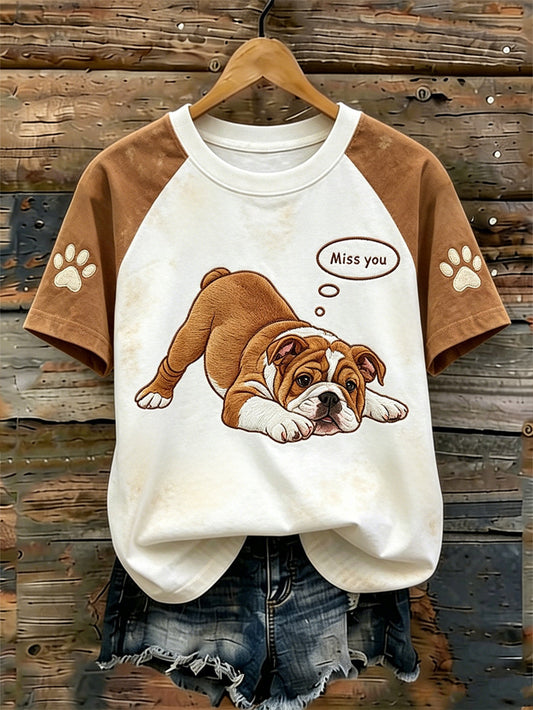 Women's cute dog pattern printed casual washed short-sleeve T-shirt gracestitchs