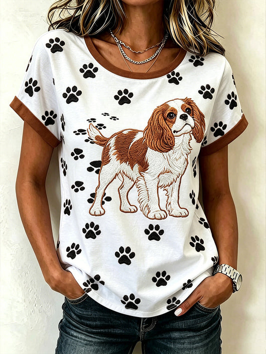Women's cute dog pattern printed casual washed short-sleeve T-shirt gracestitchs