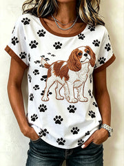 Women's cute dog pattern printed casual washed short-sleeve T-shirt gracestitchs