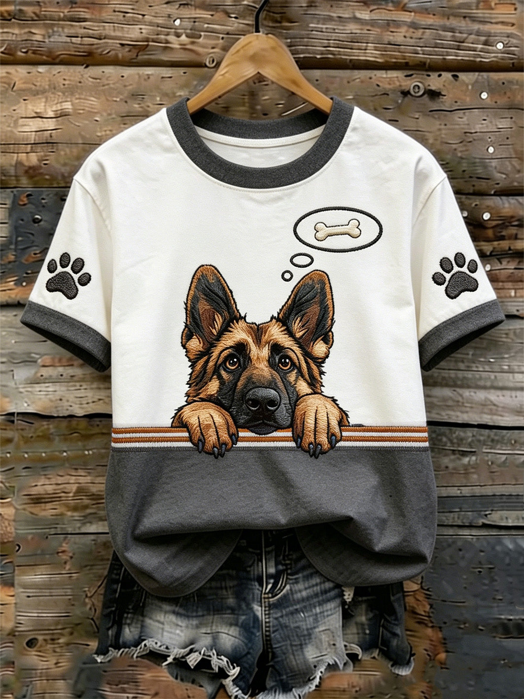 Women's cute dog pattern printed casual washed short-sleeve T-shirt gracestitchs