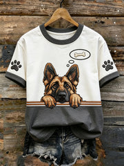 Women's cute dog pattern printed casual washed short-sleeve T-shirt gracestitchs