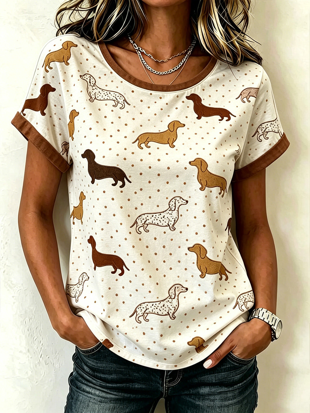 Women's cute dog pattern printed casual washed short-sleeve T-shirt gracestitchs