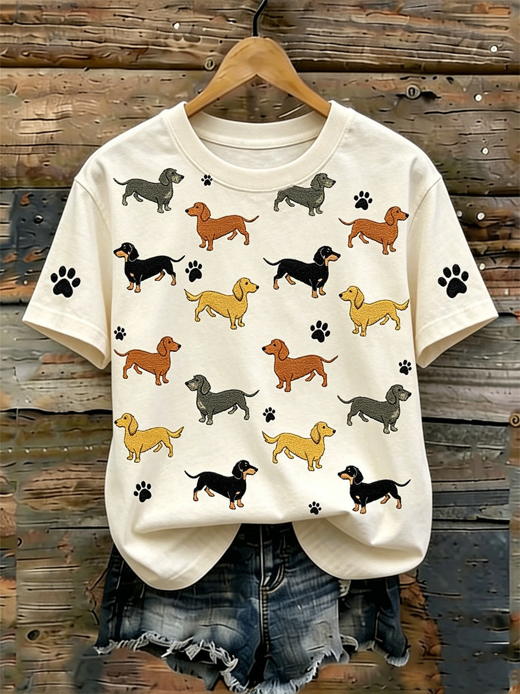 Women's cute dog pattern printed casual washed short-sleeve T-shirt gracestitchs
