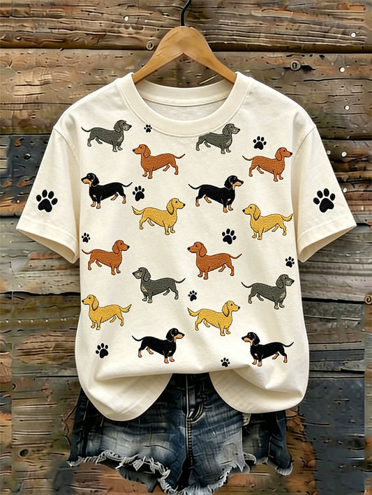 Women's cute dog pattern printed casual washed short-sleeve T-shirt gracestitchs