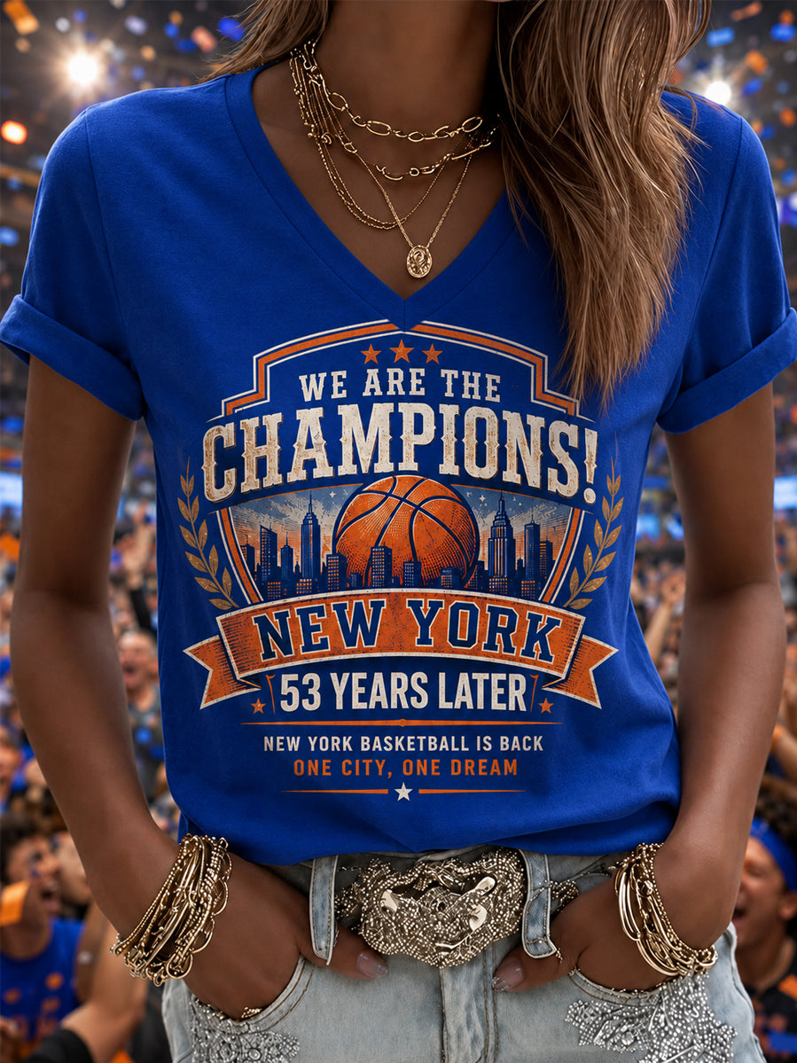 Women's New York Basketball Champions Celebration Print Casual V-Neck Tee gracestitchs