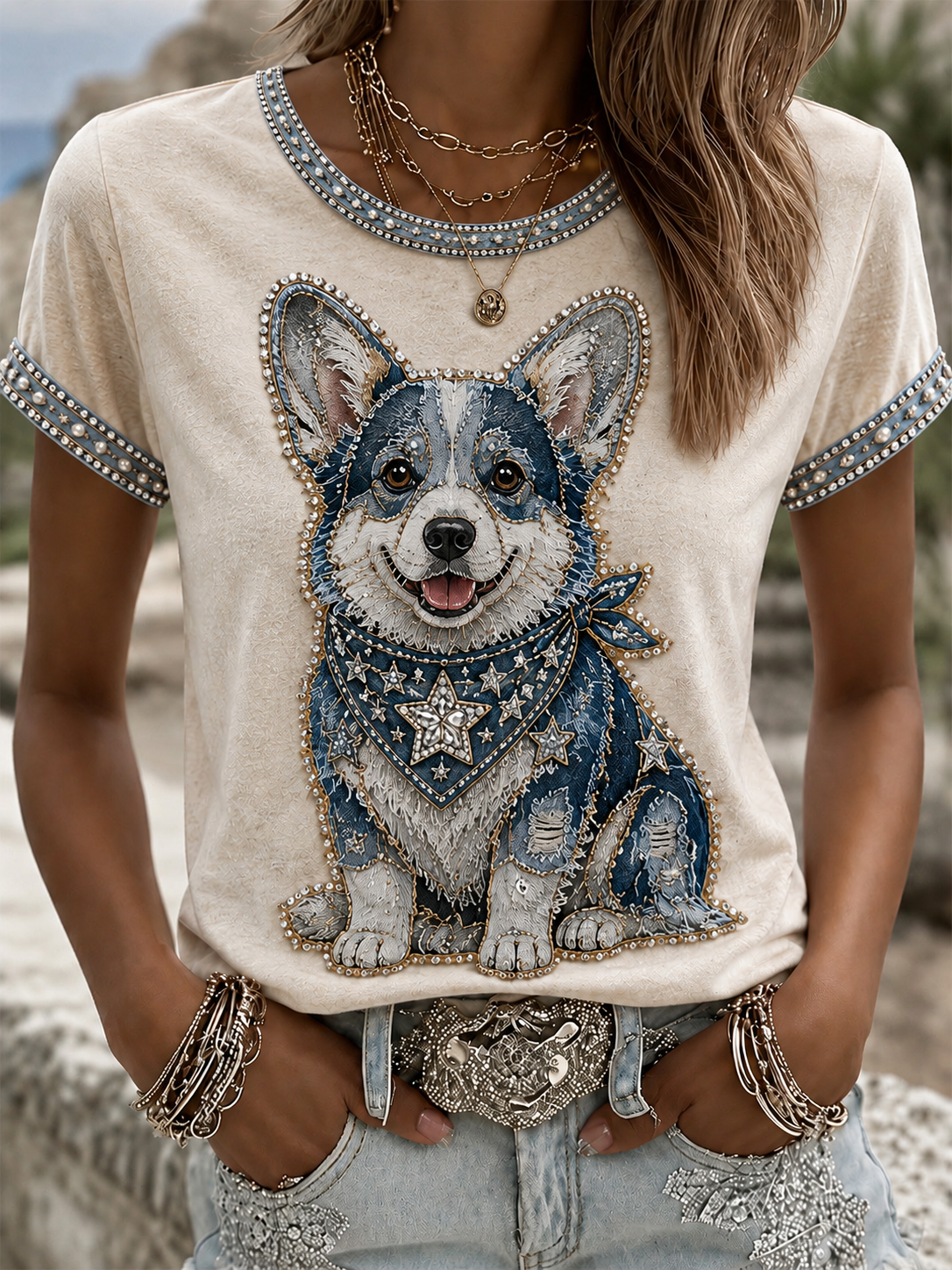 Women's Cowboy Dog  Print Casual Tee gracestitchs