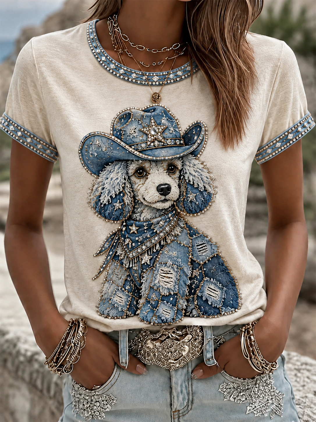 Women's Cowboy Dog  Print Casual Tee gracestitchs
