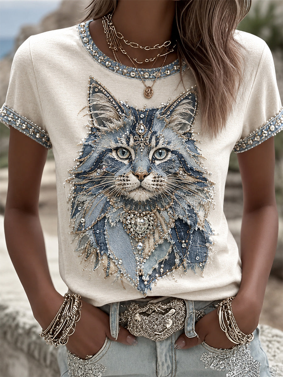 Women's Cowboy Cat  Print Casual Tee gracestitchs
