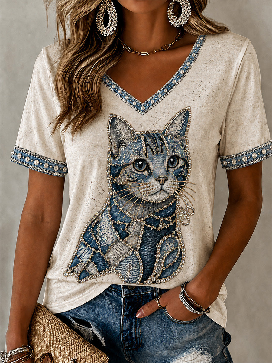 Women's Cowboy Cat  Print Casual V-Neck Tee gracestitchs