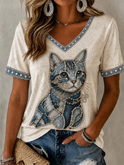 Women's Cowboy Cat  Print Casual V-Neck Tee gracestitchs