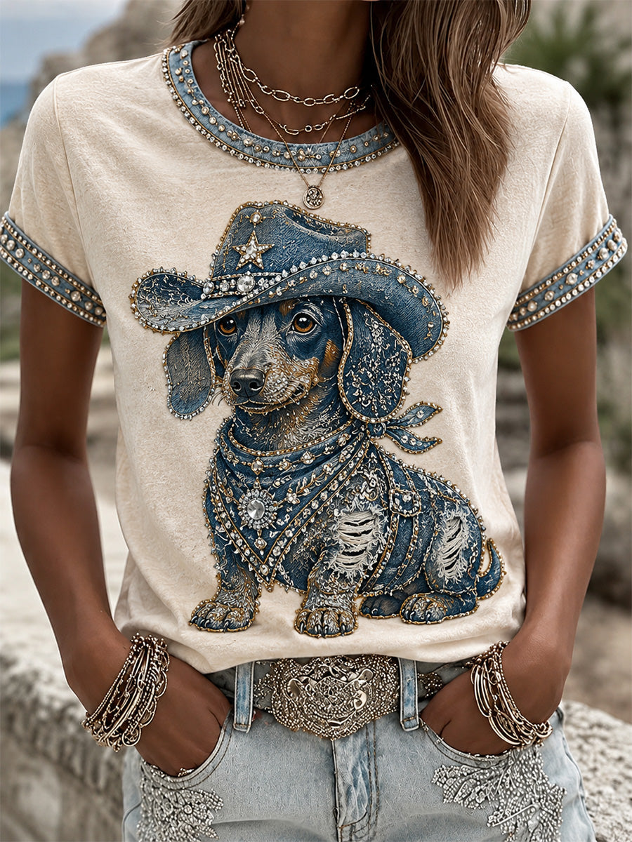 Women's Cowboy Dog  Print Casual Tee gracestitchs