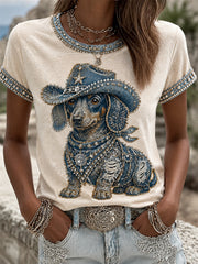 Women's Cowboy Dog  Print Casual Tee gracestitchs