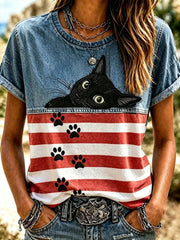Women's American Flag Cat Print Casual T-Shirt gracestitchs