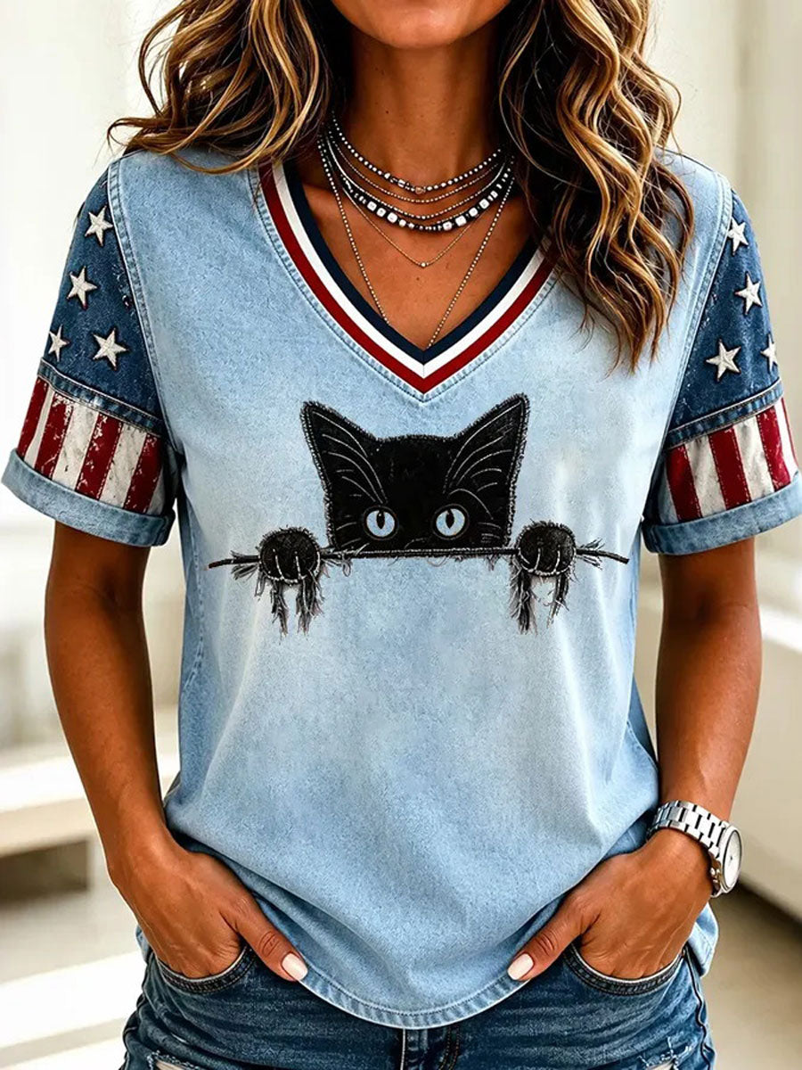 Women's American Flag Cat Print Casual T-Shirt gracestitchs