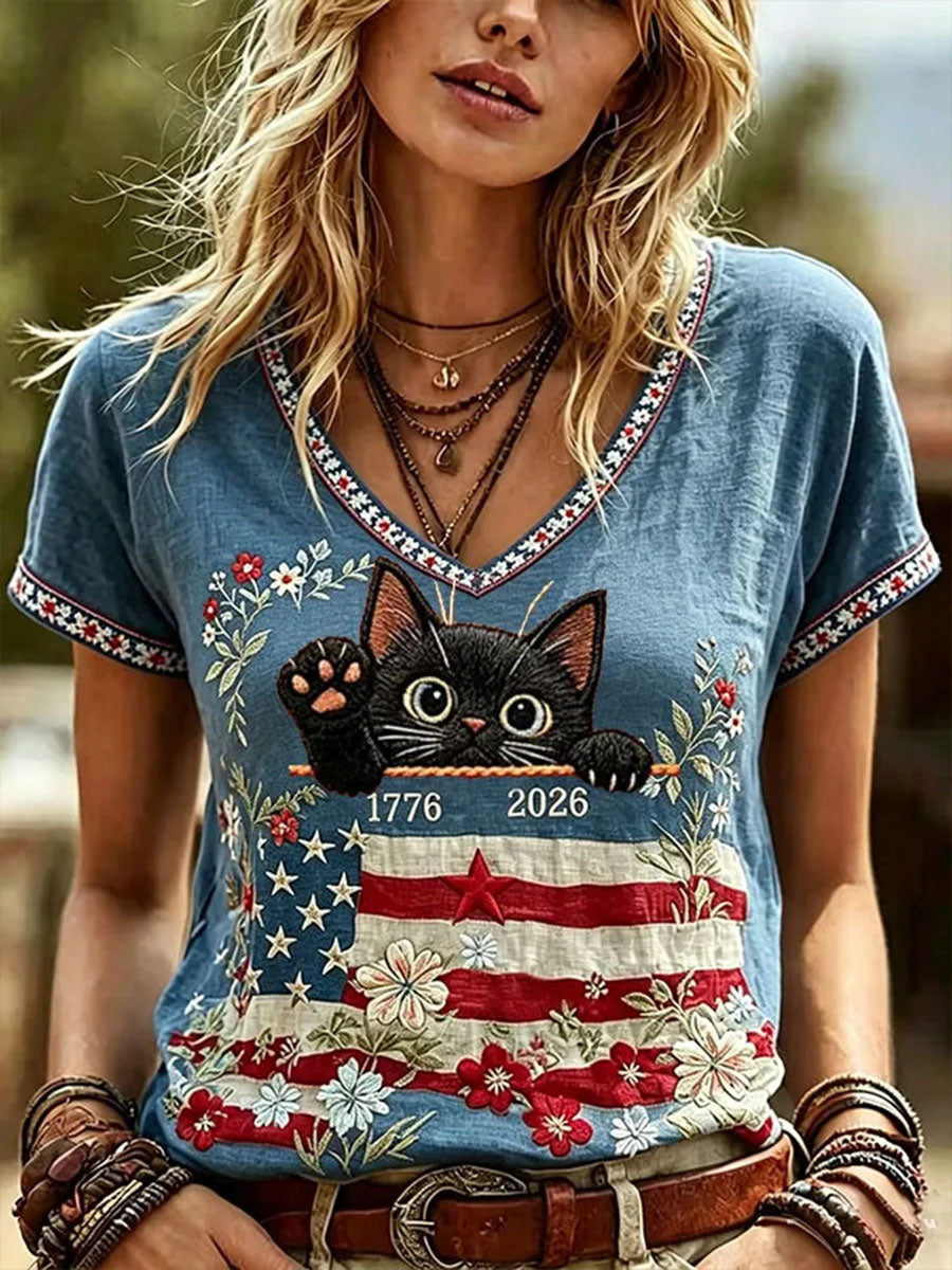 Women's American Flag Cat Print Casual T-Shirt gracestitchs