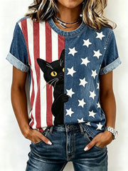 Women's American Flag Cat Print Casual T-Shirt gracestitchs