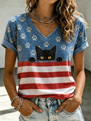 Women's American Flag Cat Print Casual T-Shirt gracestitchs