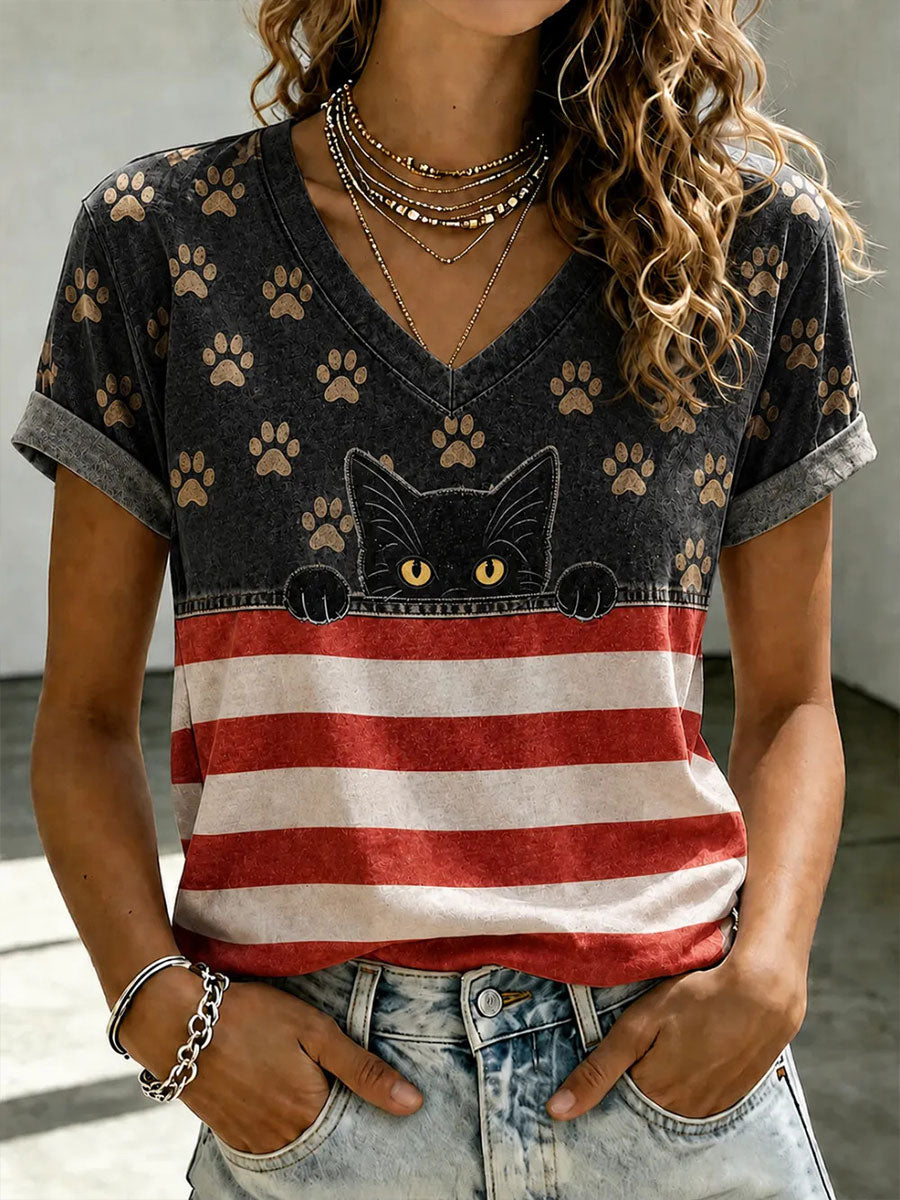 Women's American Flag Cat Print Casual T-Shirt gracestitchs
