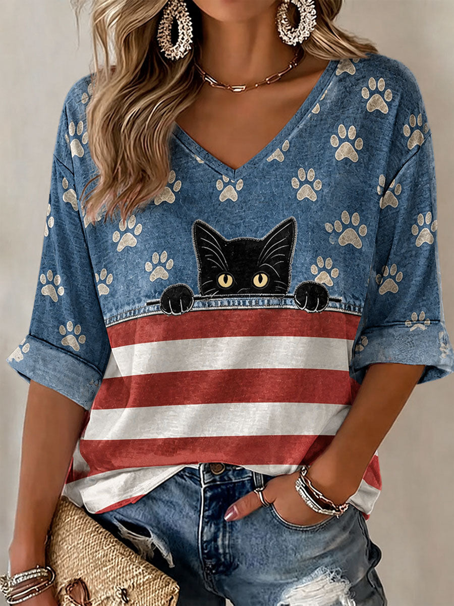 Women's American Flag Cat Print Casual T-Shirt gracestitchs
