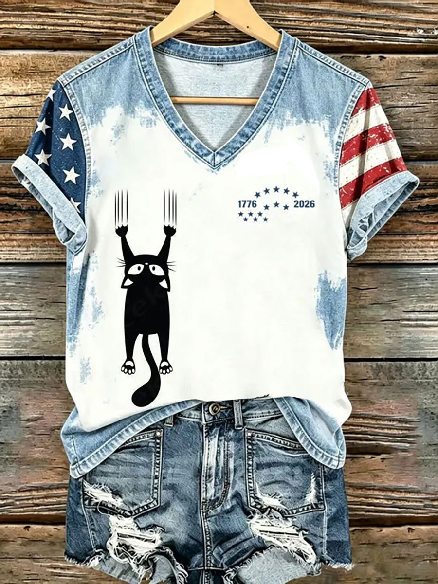 Women's American Flag Cat Print Casual T-Shirt gracestitchs