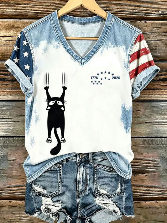 Women's American Flag Cat Print Casual T-Shirt gracestitchs