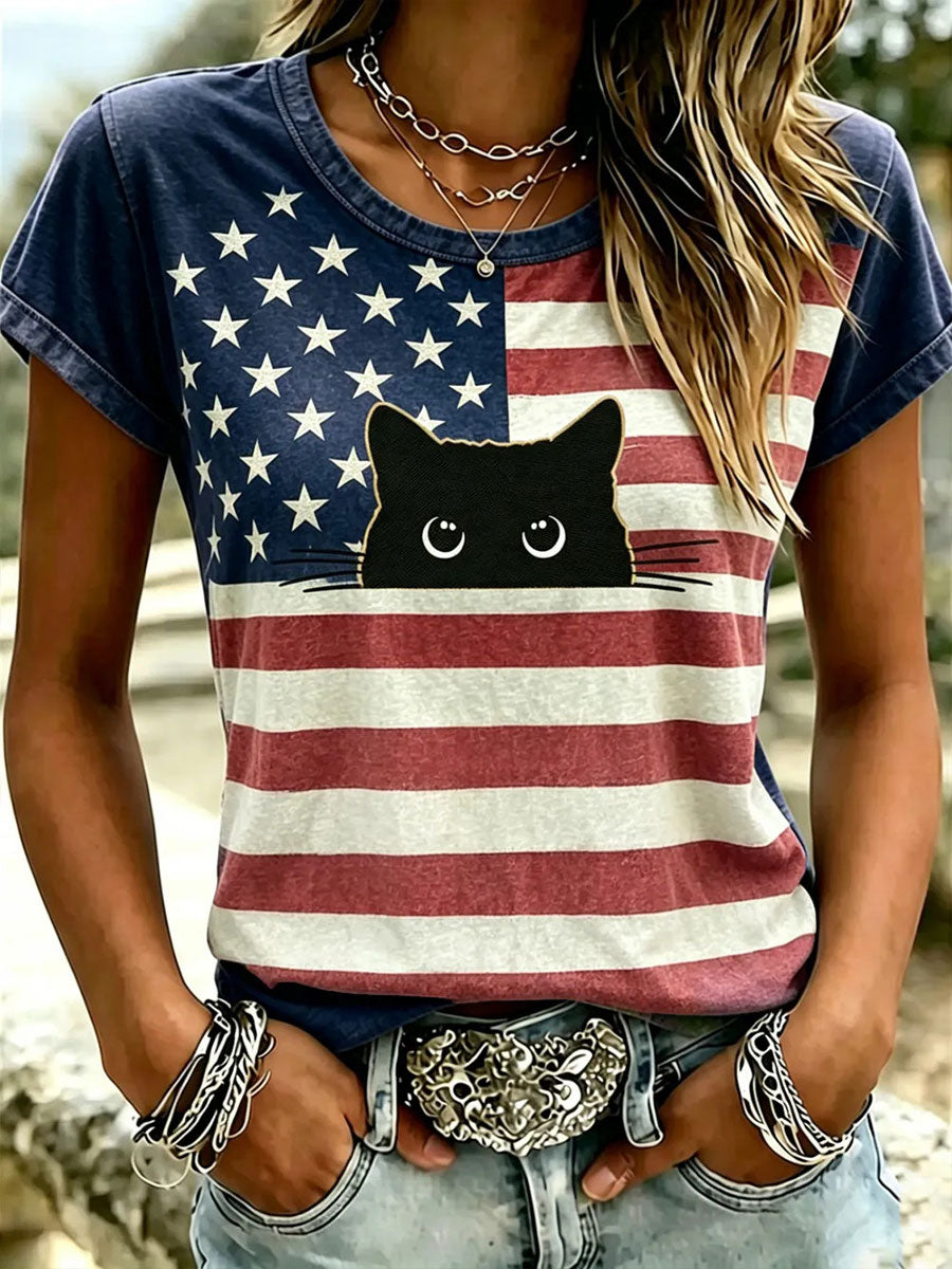 Women's American Flag Cat Print Casual T-Shirt gracestitchs