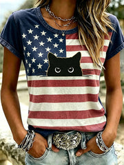 Women's American Flag Cat Print Casual T-Shirt gracestitchs