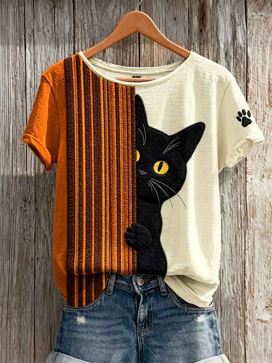 Women's Peeking Black Cat & Paw Print Colorblock Print short-sleeved T-shirt