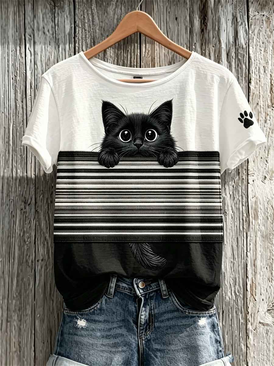 Women's Peeking Black Cat & Paw Print Colorblock Print short-sleeved T-shirt