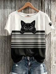 Women's Peeking Black Cat & Paw Print Colorblock Print short-sleeved T-shirt