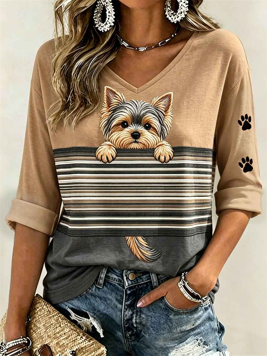 Women's Peeking Yorkshire Terrier Dog & Paw Prints Colorblock Print Mid-length Sleeves V-Neck T-Shirt