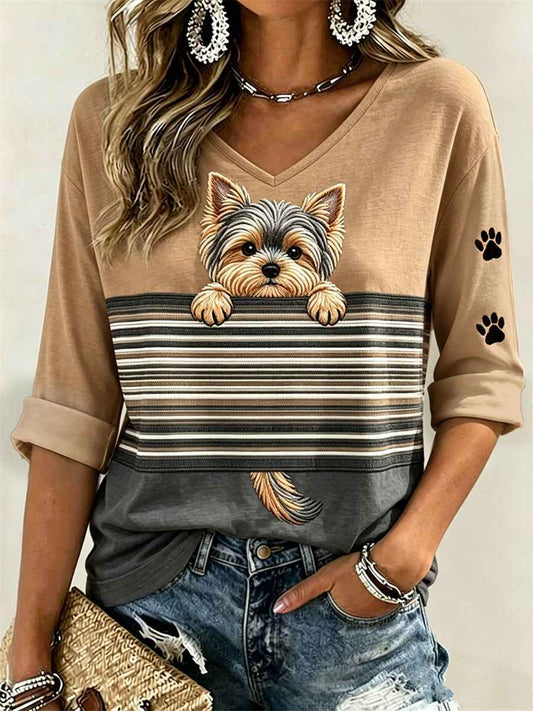 Women's Peeking Yorkshire Terrier Dog & Paw Prints Colorblock Print Mid-length Sleeves V-Neck T-Shirt