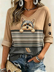 Women's Peeking Yorkshire Terrier Dog & Paw Prints Colorblock Print Mid-length Sleeves V-Neck T-Shirt