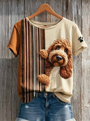 Women's Peeking Poodle Dog & Paw Print Colorblock Print short-sleeved T-shirt