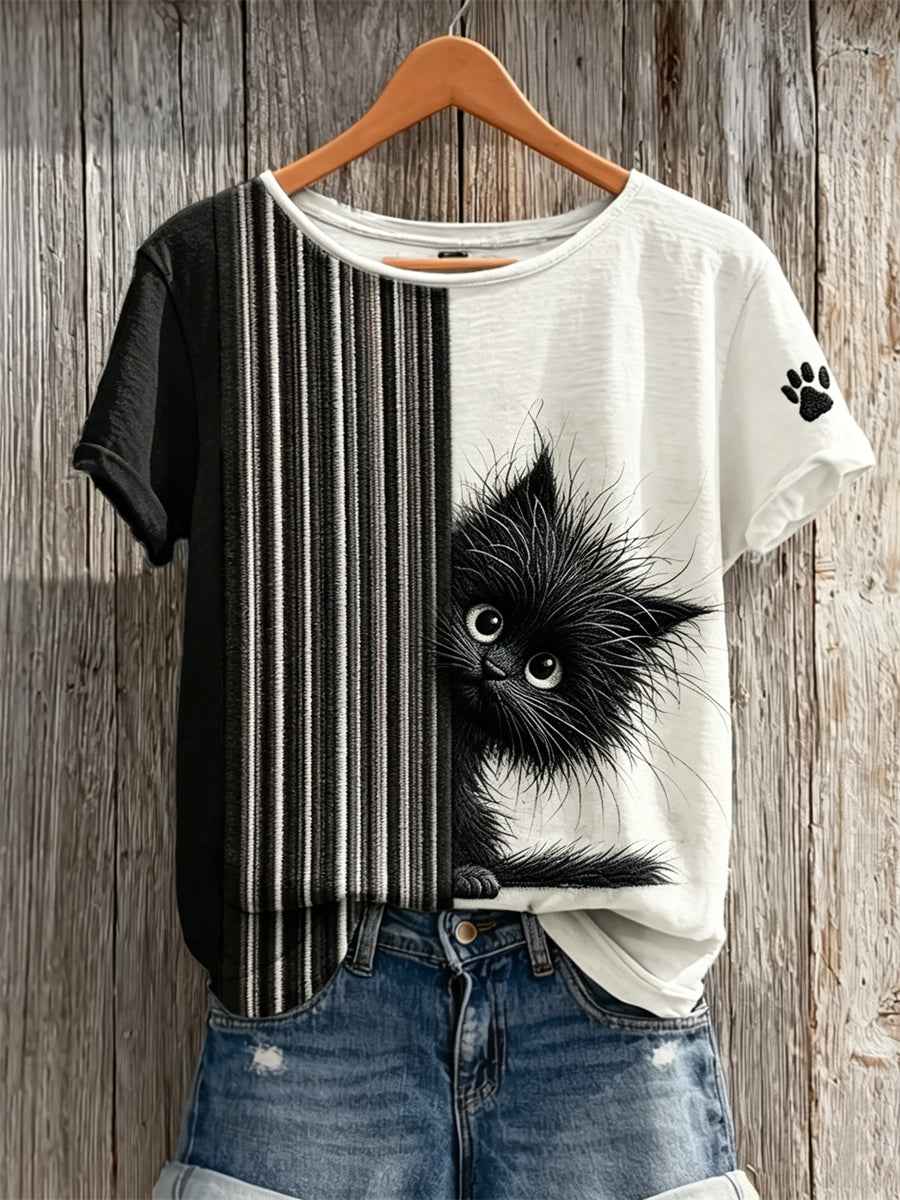 Women's Peeking Black Cat & Paw Print Contrast Print short-sleeved T-shirt