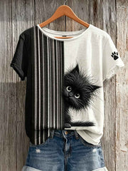 Women's Peeking Black Cat & Paw Print Contrast Print short-sleeved T-shirt