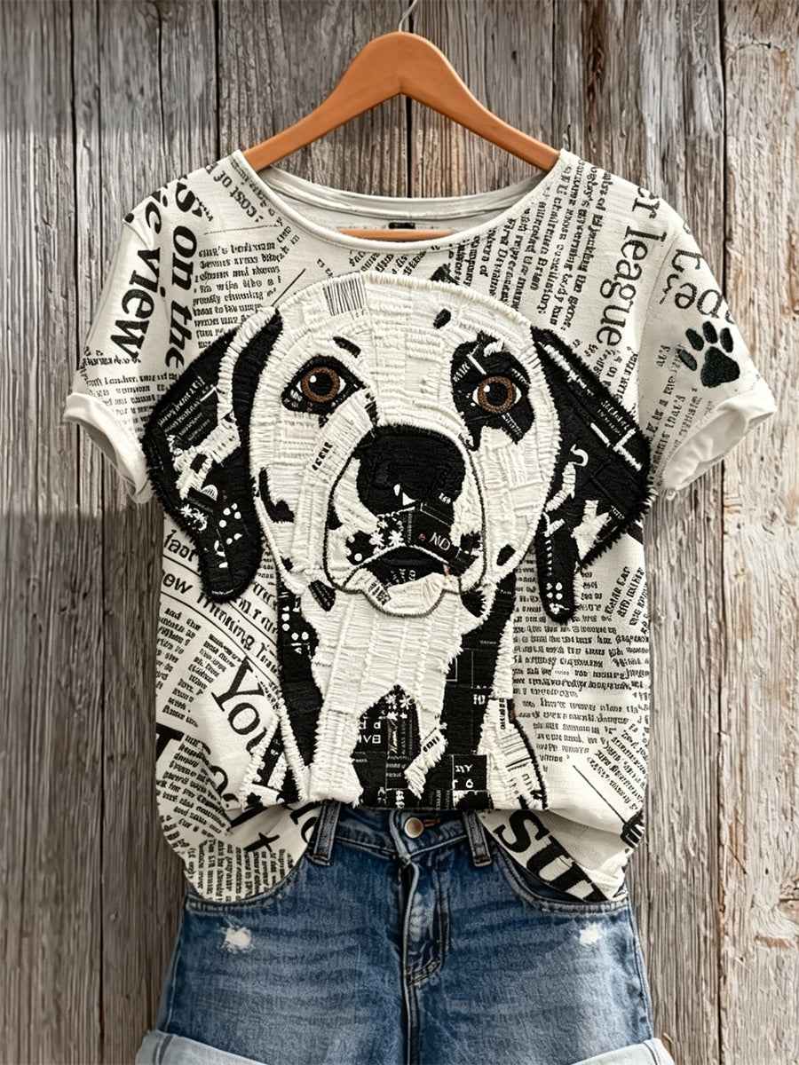 Women's Dalmatian Dog & Paw Print Newspaper Patchwork Art Print short-sleeved T-shirt
