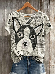Women's Bulldog & Paw Print Newspaper Patchwork Art Print short-sleeved T-shirt