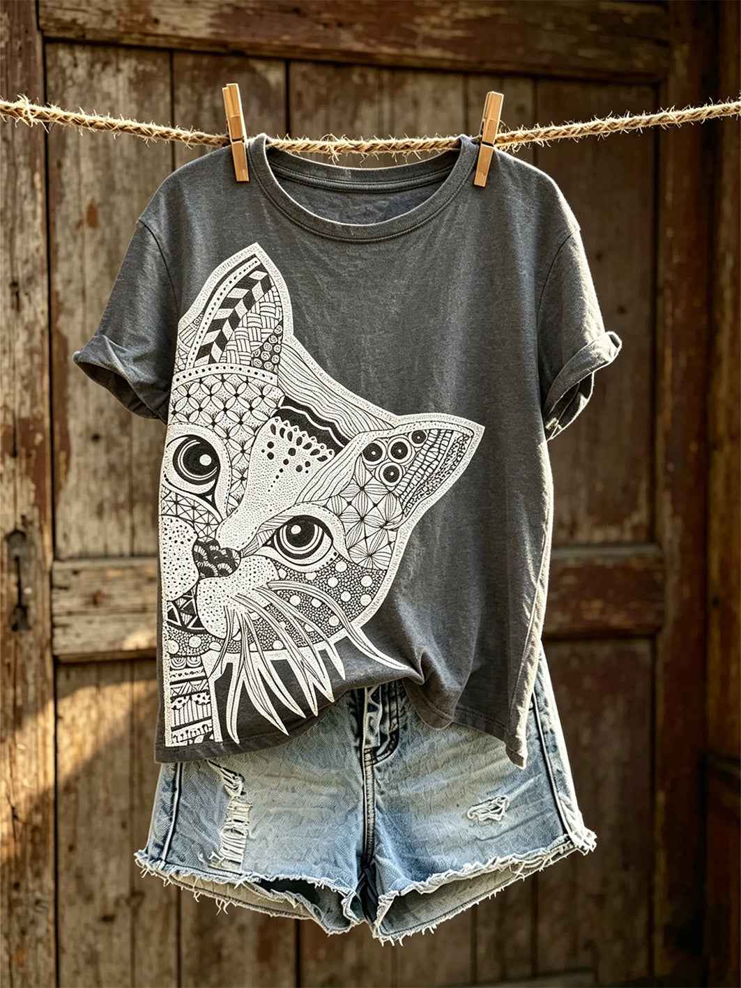 Women's cute cat pattern color-blocked design casual short-sleeve T-shirt