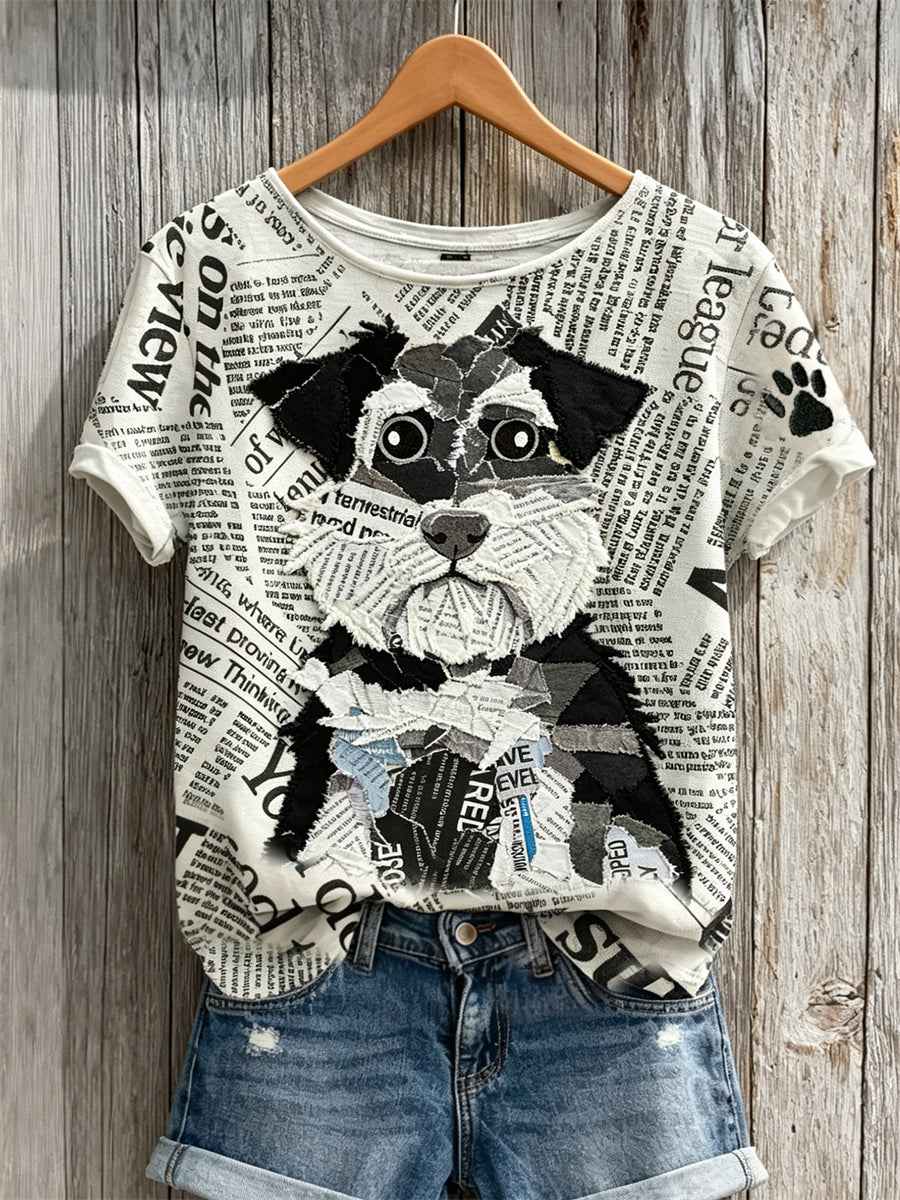 Women's Schnauzer Dog & Paw Print Newspaper Patchwork Art Print short-sleeved T-shirt
