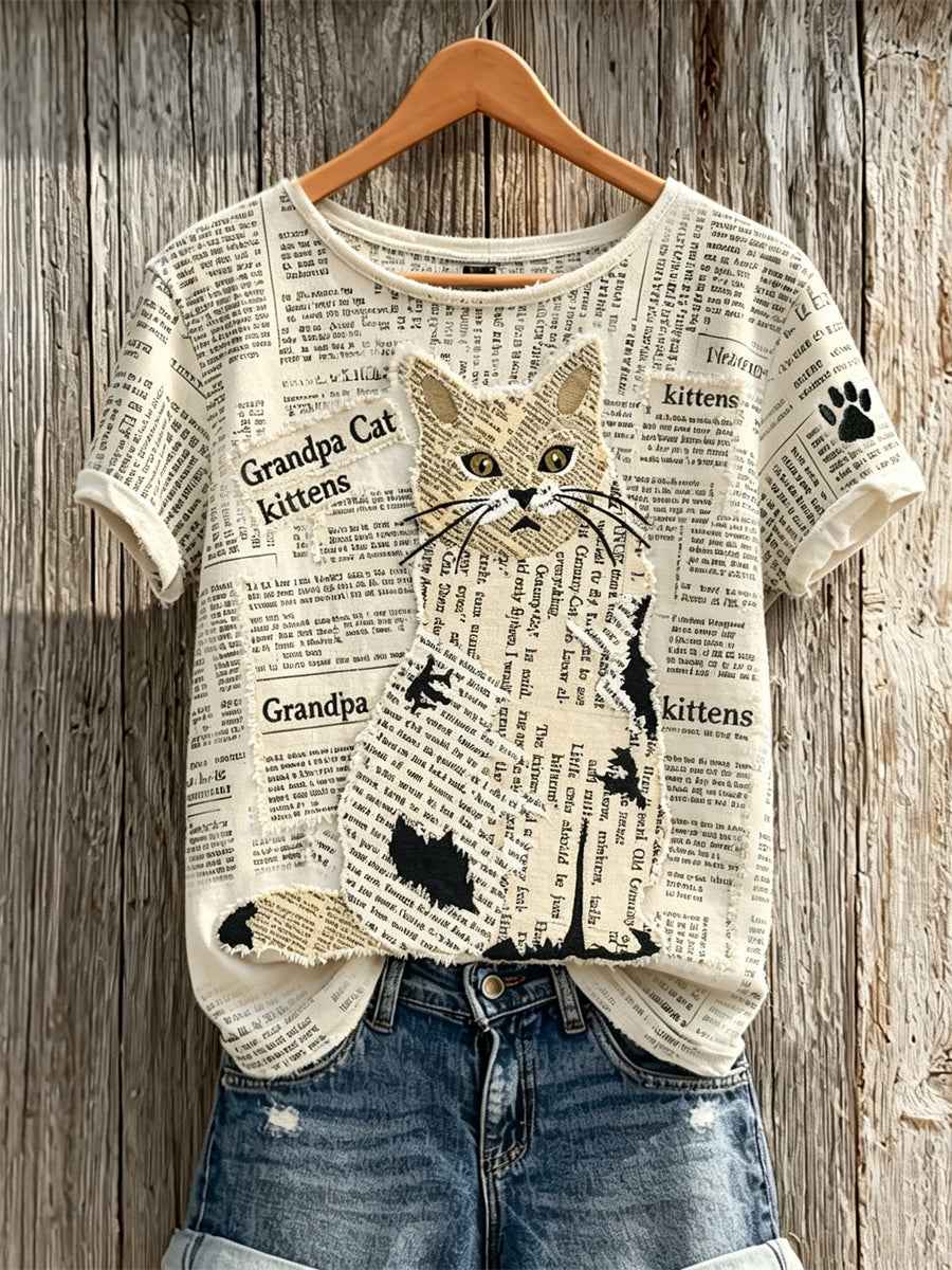 Women's Cat & Paw Print Newspaper Patchwork Art Print short-sleeved T-shirt