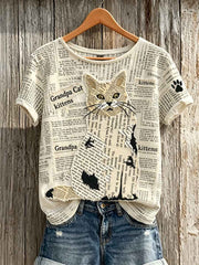Women's Cat & Paw Print Newspaper Patchwork Art Print short-sleeved T-shirt