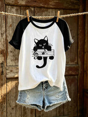 Women's cute cat pattern color-blocked design casual short-sleeve T-shirt