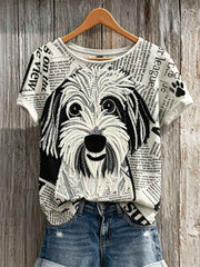 Women's Fuzzy Dog & Paw Print Newspaper Patchwork Art Print short-sleeved T-shirt