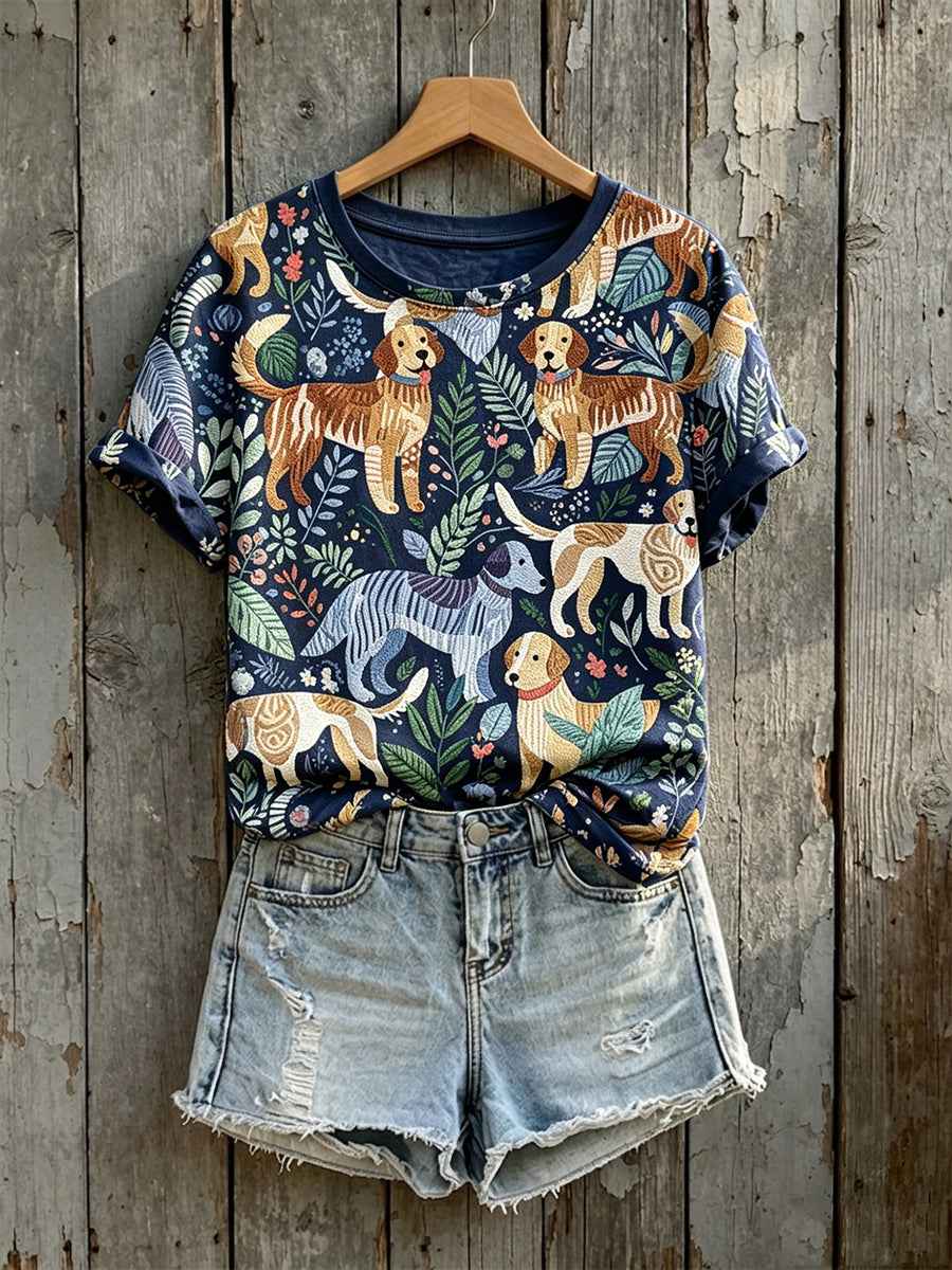 Women's Cute Dogs Art Pattern Print Short-sleeved T-shirt