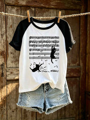 Women's cute cat pattern color-blocked design casual short-sleeve T-shirt