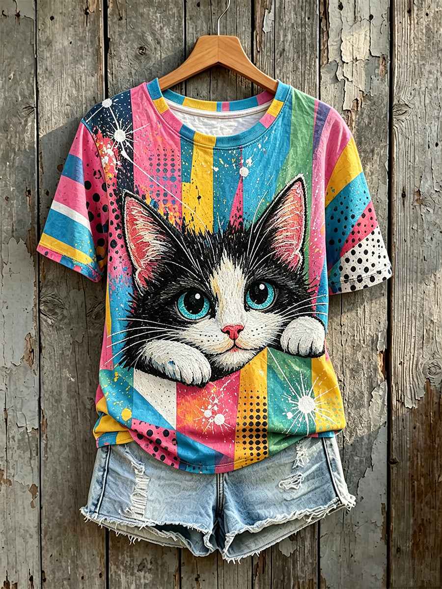 Women's Colorful Cat Art Print Short-sleeved T-shirt