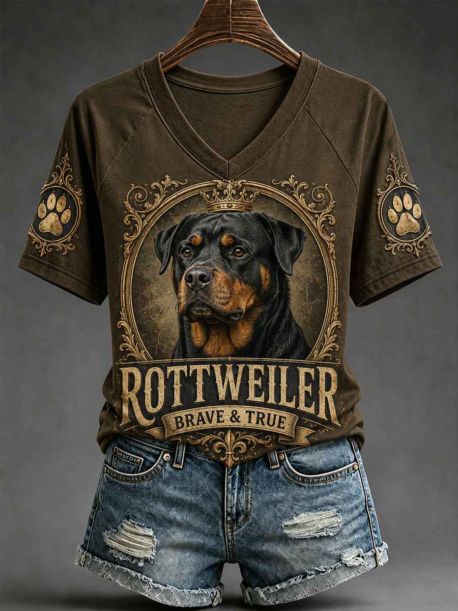 Women's Retro Dog Print Casual V-Neck Tee