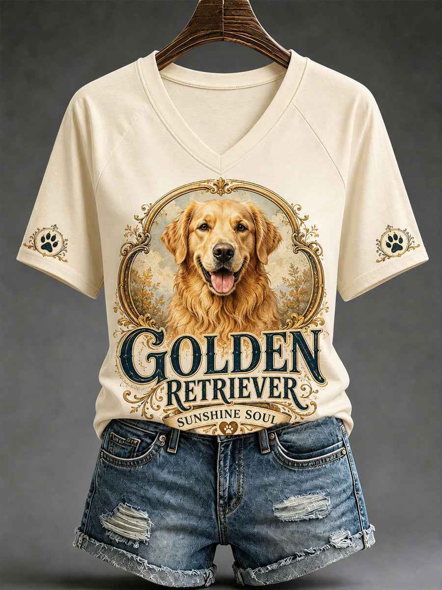 Women's Retro Dog Print Casual V-Neck Tee