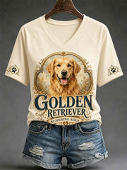 Women's Retro Dog Print Casual V-Neck Tee